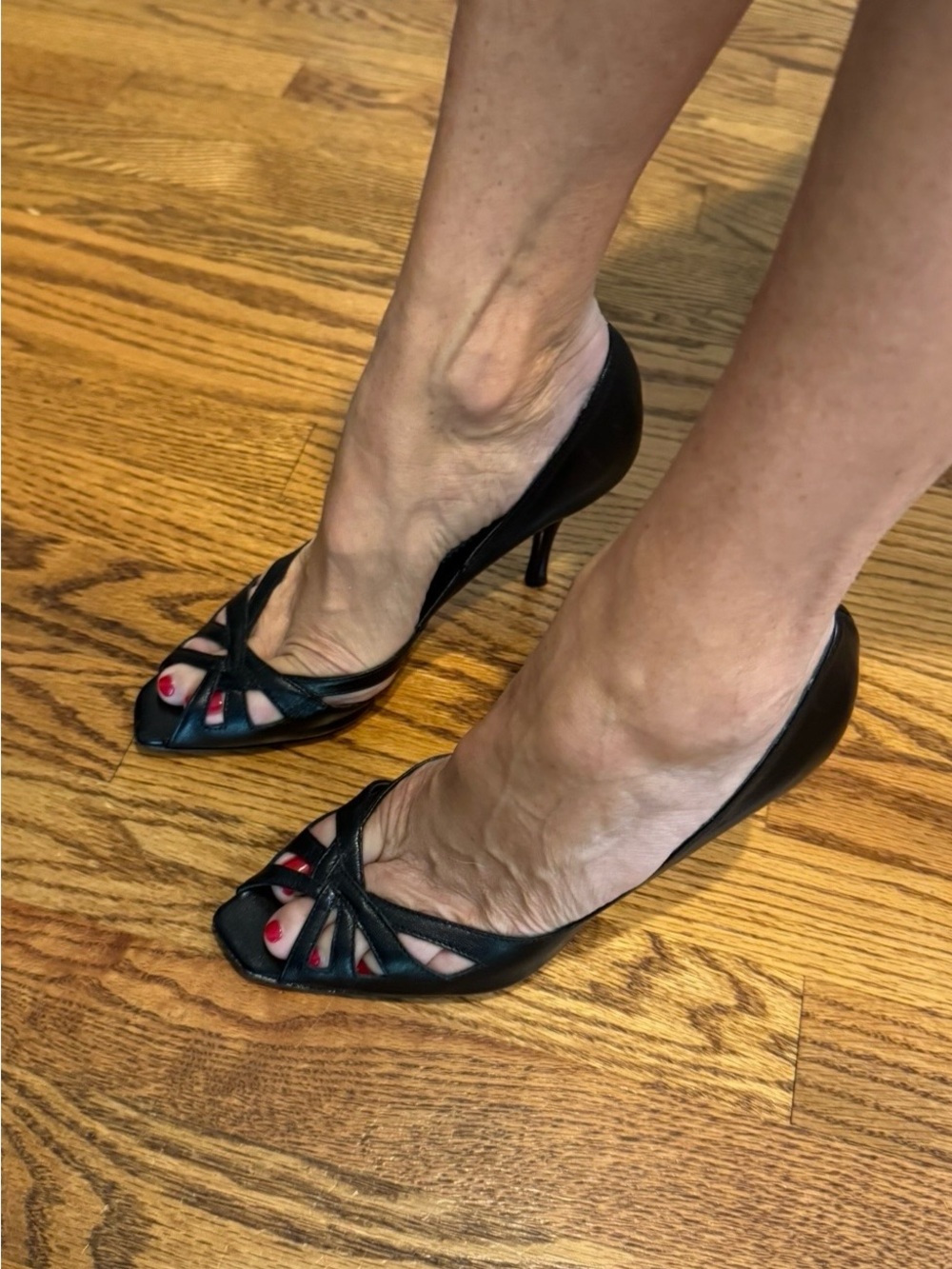 Charles David Made in Italy Black Leather Peep Toe Heels with Cutouts
